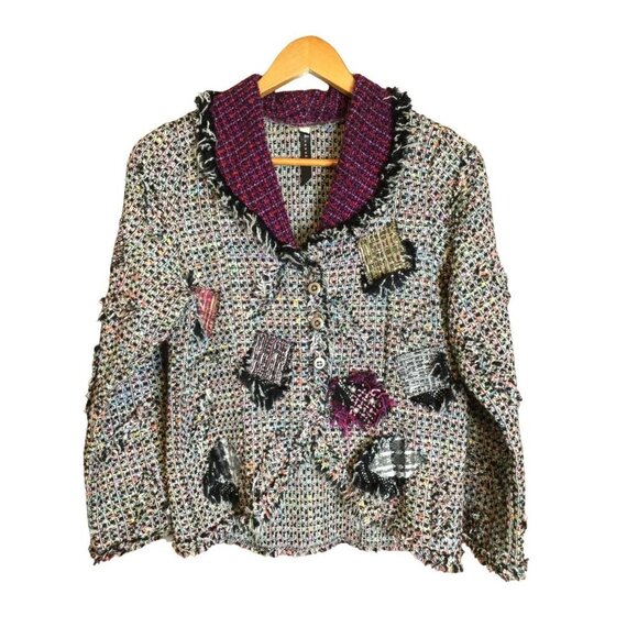 Dressing Women's Button Front Jacket Shawl Collar Tweed Patches Pearl Detail - Picture 1 of 7